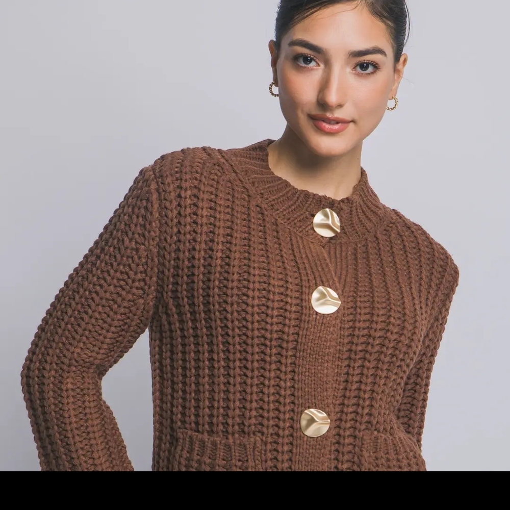 Love Tree Brown Knit Cardigan with Gold Accents